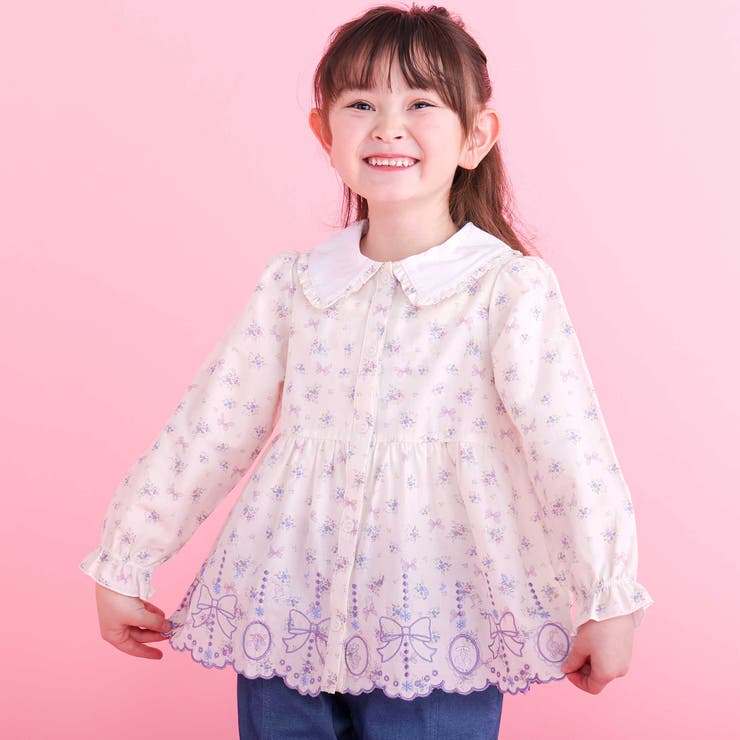 ストライプ＆花柄裾刺しゅうフレアブラウス(90~130cm) | SLAP SLIP | 詳細画像1 