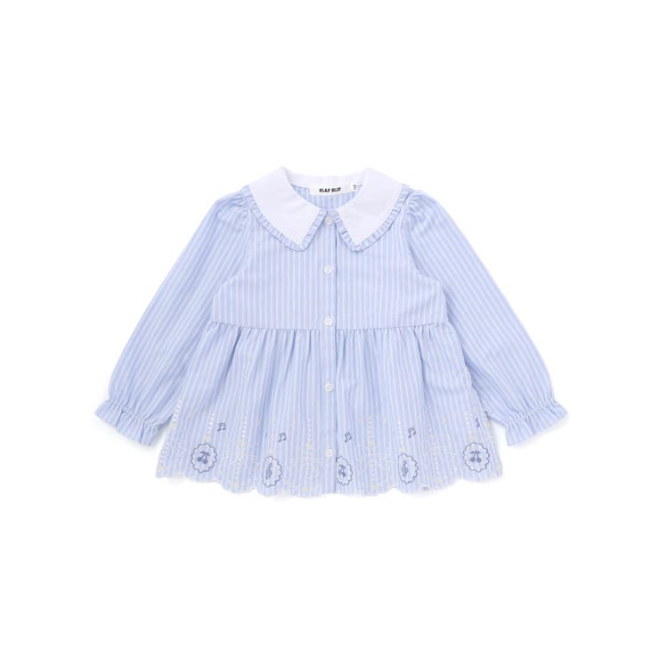 ブルー系 | ストライプ＆花柄裾刺しゅうフレアブラウス(90~130cm) | SLAP SLIP