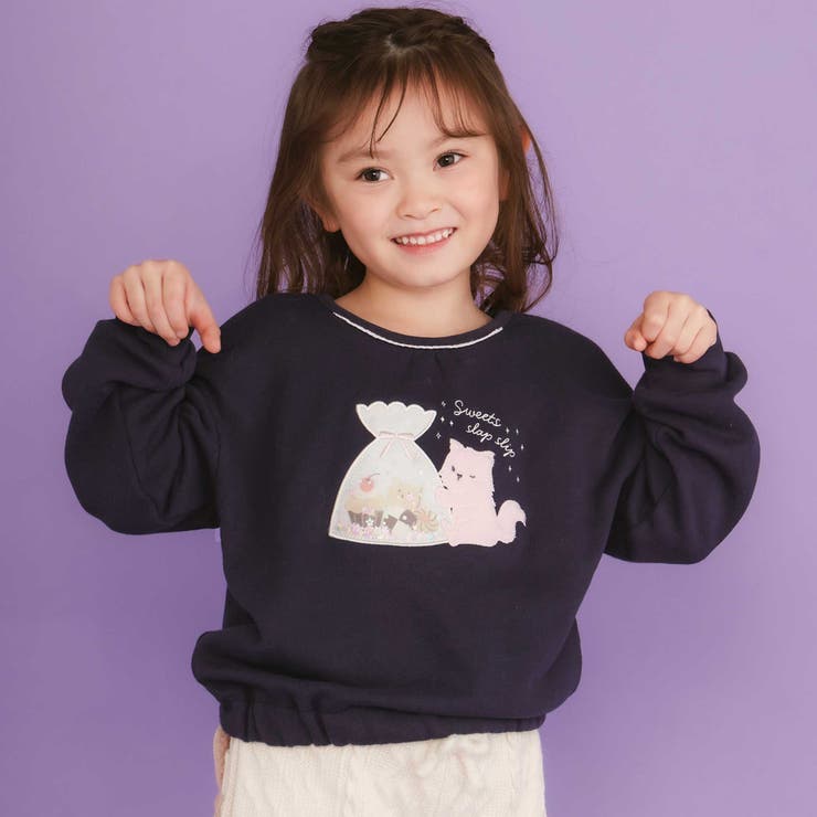 ネイビー | ネコクマイヌアニマルオーガンジーパッチモチーフトレーナー(80~130cm) | SLAP SLIP