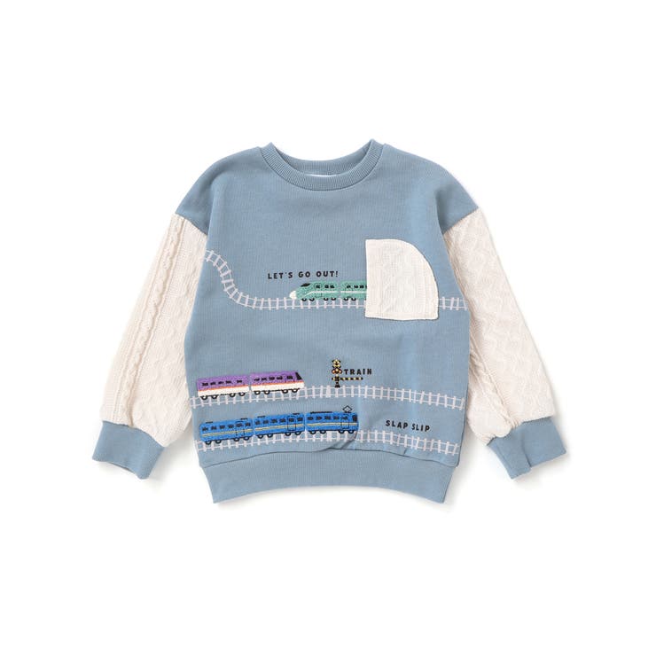 ブルー×オフホワイト | ガタゴト電車サガラ刺しゅう袖切り替えトレーナー(80~130cm) | SLAP SLIP