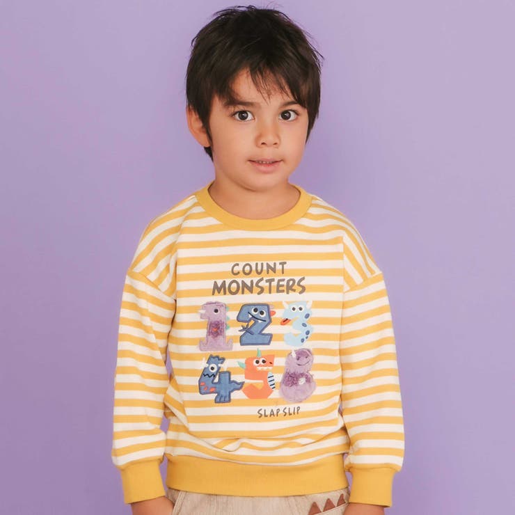 無地ボーダーいろんな恐竜刺しゅうトレーナー(80~130cm) | SLAP SLIP | 詳細画像1 