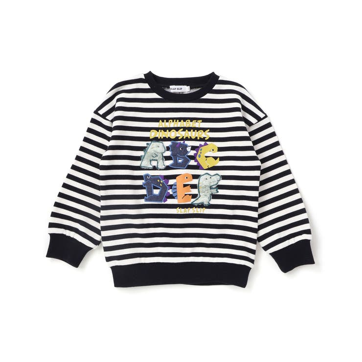 ブラック系(ボーダー) | 無地ボーダーいろんな恐竜刺しゅうトレーナー(80~130cm) | SLAP SLIP