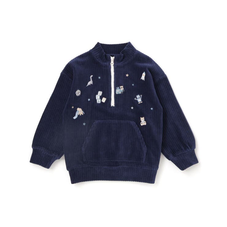 ネイビー | 恐竜くるまロケットおもちゃ刺しゅうハーフジップトップス(80~130cm) | SLAP SLIP