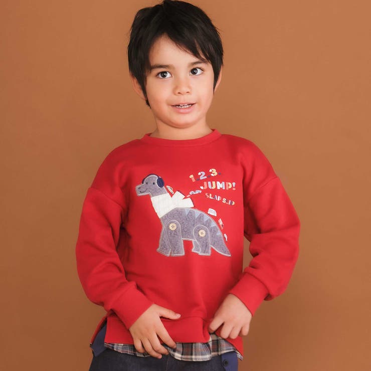 レッド | はたらくくるま恐竜パッチ刺しゅう×チェック切替トレーナー(80~130cm) | SLAP SLIP