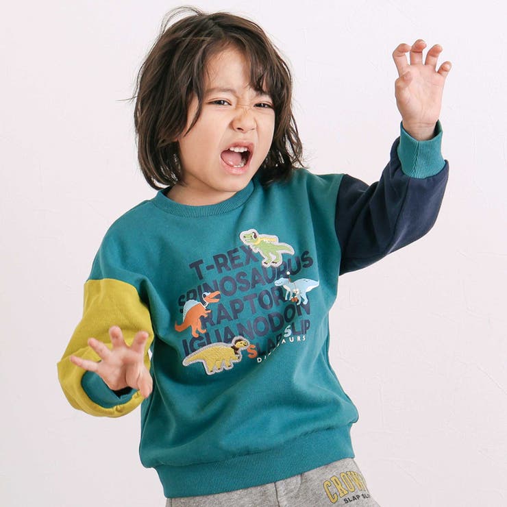 グリーン系 | 袖配色恐竜ごちそうモチーフトレーナー(80~130cm) | SLAP SLIP