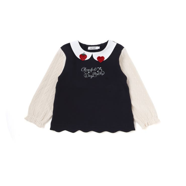 ブラック | 【裏起毛】ハートチェリーイチゴ刺しゅう襟付き袖切り替え裾スカラップトレーナー(8… | SLAP SLIP