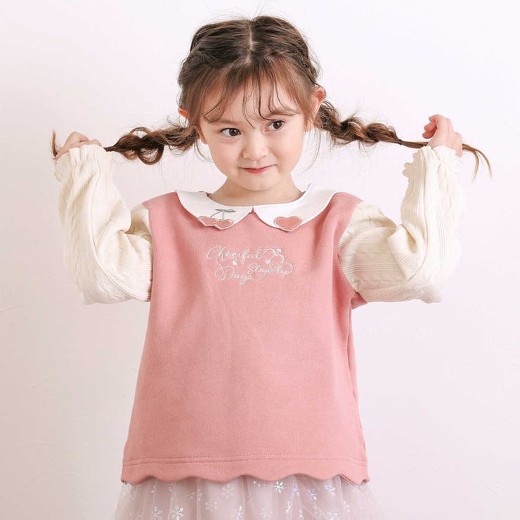 ピンク | 【裏起毛】ハートチェリーイチゴ刺しゅう襟付き袖切り替え裾スカラップトレーナー(8… | SLAP SLIP