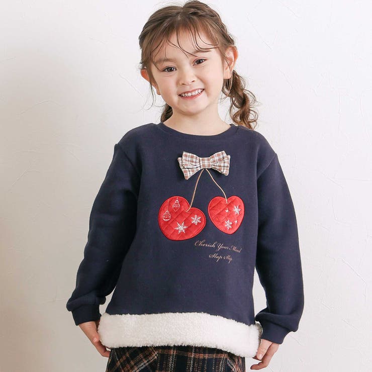 ネイビー | イチゴチェリーパッチ刺しゅうリボン付き裾ボアトレーナー(80~130cm) | SLAP SLIP