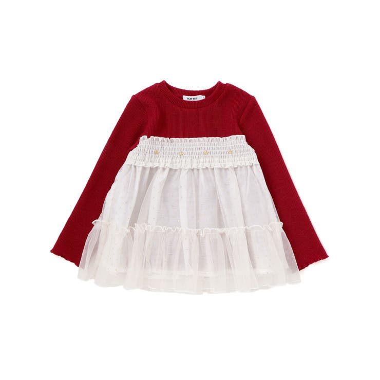 レッド×オフホワイト系 | キラキラきらめくお星さまふんわりチュールトレーナー(80~130cm) | SLAP SLIP