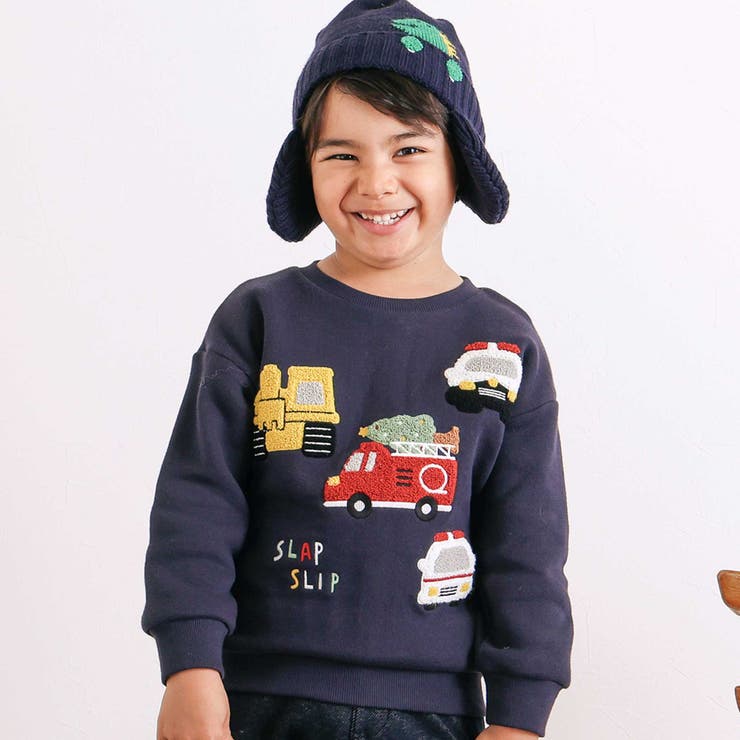 ネイビー(くるま) | 【裏起毛】はたらくくるまイヌ恐竜サガラ刺しゅうトレーナー(80~130cm) | SLAP SLIP