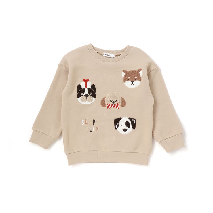 ベージュ(イヌ) | 【裏起毛】はたらくくるまイヌ恐竜サガラ刺しゅうトレーナー(80~130cm) | SLAP SLIP