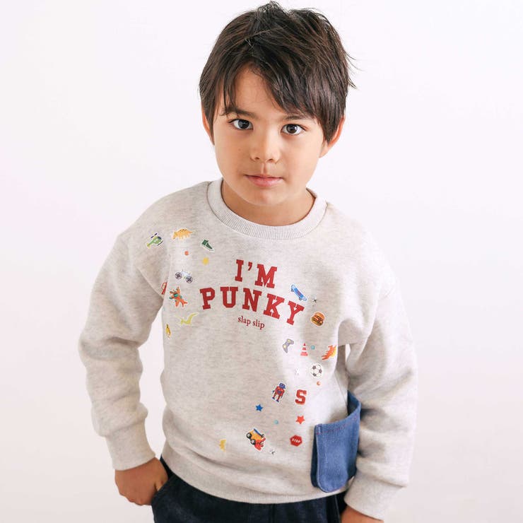 杢オフホワイト | ペたぺたシール風プリントデニムポケット付きトレーナー(80~130cm) | SLAP SLIP