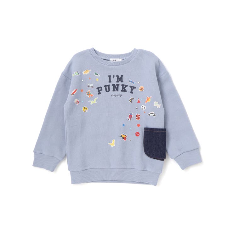 ブルー | ペたぺたシール風プリントデニムポケット付きトレーナー(80~130cm) | SLAP SLIP