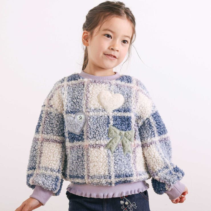 ブルー系 | ハートリボンキラキラボアパッチもこもこチェックトレーナー(80~130cm) | SLAP SLIP