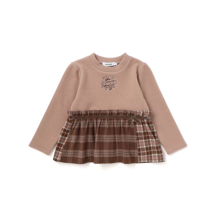 ベージュ | ハートいっぱい刺しゅうモチーフ切り替えチェックドッキングトレーナー | SLAP SLIP