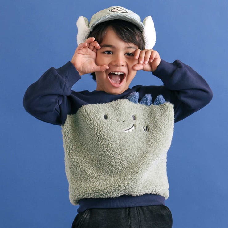 ネイビー(恐竜) | 恐竜クマウサギアニマルフェイスボア切り替えトレーナー(80~120cm) | SLAP SLIP