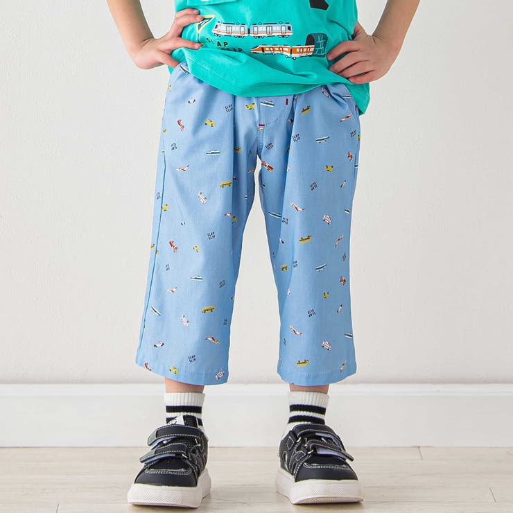 ブルー系 | 【らくのび】ウエストリブラインプリント乗り物柄ストレッチ7分丈パンツ(80~13… | SLAP SLIP