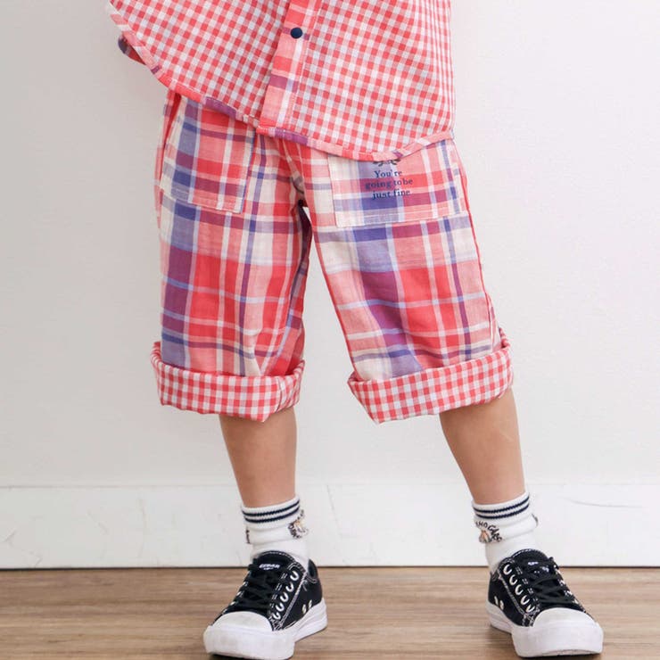 レッド系 | 【お揃い】ポケット付きダブルガーゼリバーシブル7分丈パンツ(80~130cm) | SLAP SLIP