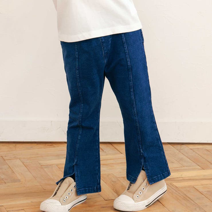 ネイビー | 後ろポケットリボンフレアシルエット9分丈デニムパンツ(80~130cm) | SLAP SLIP