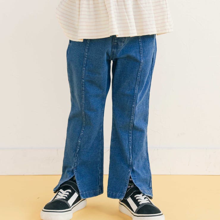 ブルー | 後ろポケットリボンフレアシルエット9分丈デニムパンツ(80~130cm) | SLAP SLIP