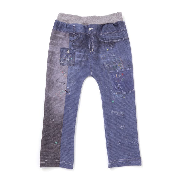 ネイビー(恐竜＆ロケット) | 恐竜ロケットワッペンレースキラキラデニム風プリント8分丈パンツ(80~120cm… | SLAP SLIP