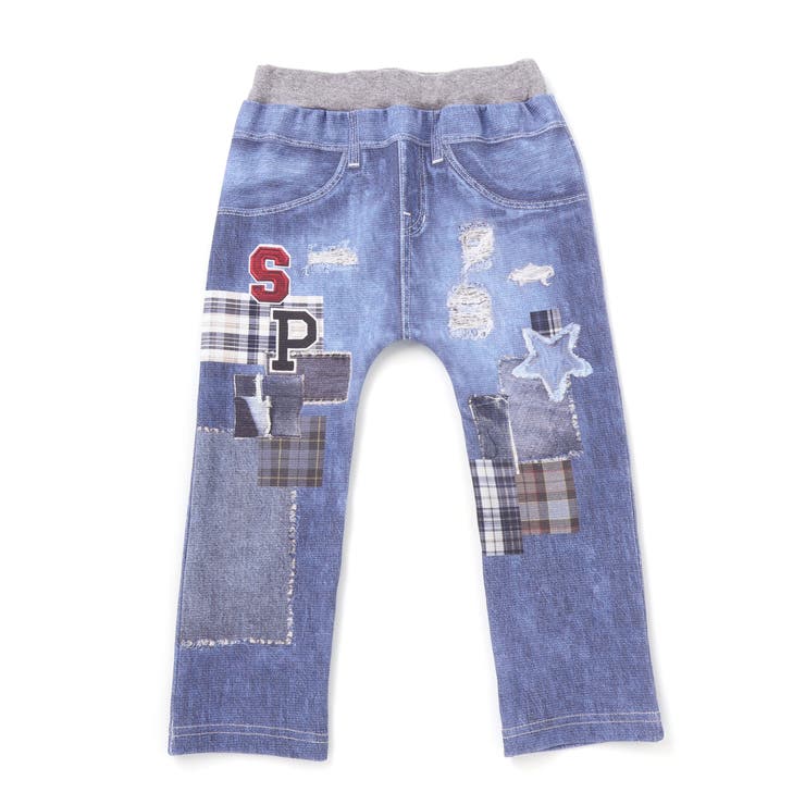 ブルー(ダメージ＆ワッペン) | 恐竜ロケットワッペンレースキラキラデニム風プリント8分丈パンツ(80~120cm… | SLAP SLIP