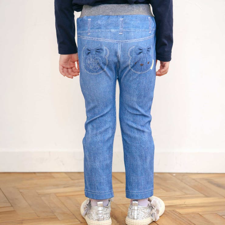 ブルー系(キラキラ＆クマ) | 恐竜ロケットワッペンレースキラキラデニム風プリント8分丈パンツ(80~120cm… | SLAP SLIP