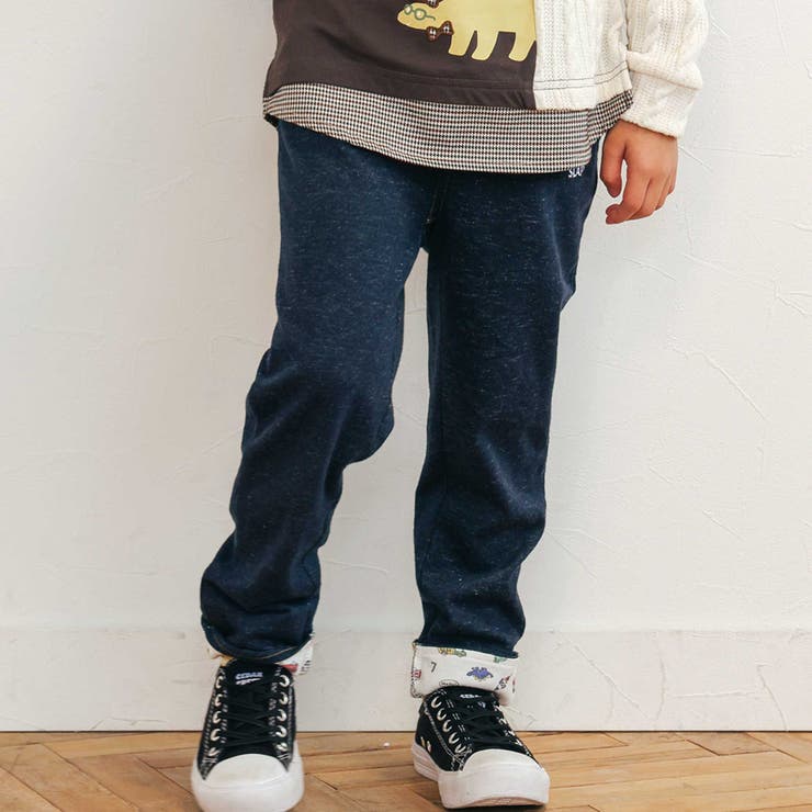 ネイビー(消防車) | 消防車恐竜折り返し柄プリントデニム風パンツ(80~130cm) | SLAP SLIP