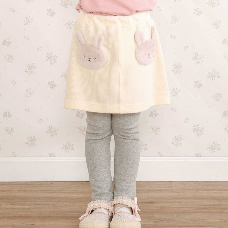 オフホワイト(ウサギ) | アニマルネコウサギパッチ刺しゅうポケットコーデュロイスカッツ(80~120cm) | SLAP SLIP