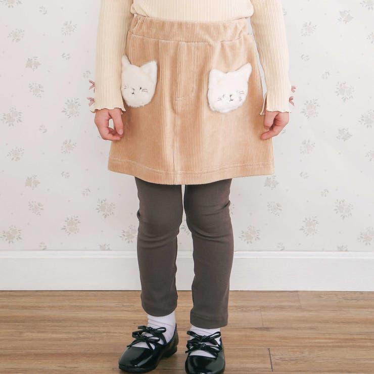 ベージュ(ネコ) | アニマルネコウサギパッチ刺しゅうポケットコーデュロイスカッツ(80~120cm) | SLAP SLIP