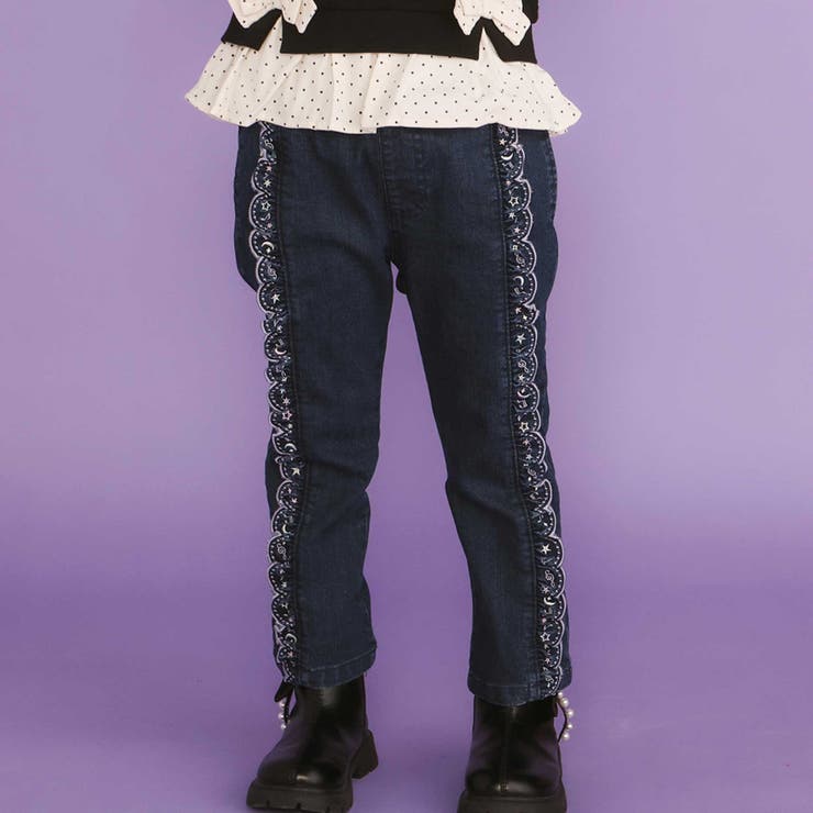 ネイビー | 【裏微起毛】スカラップ刺しゅうフリルロングパンツ(80~130cm) | SLAP SLIP