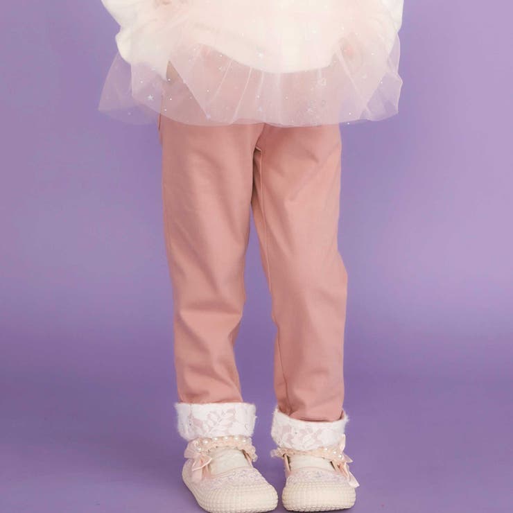 ピンク | 裏微起毛キーチャーム風モチーフ刺しゅう付き折り返しレースパンツ(80~130cm… | SLAP SLIP