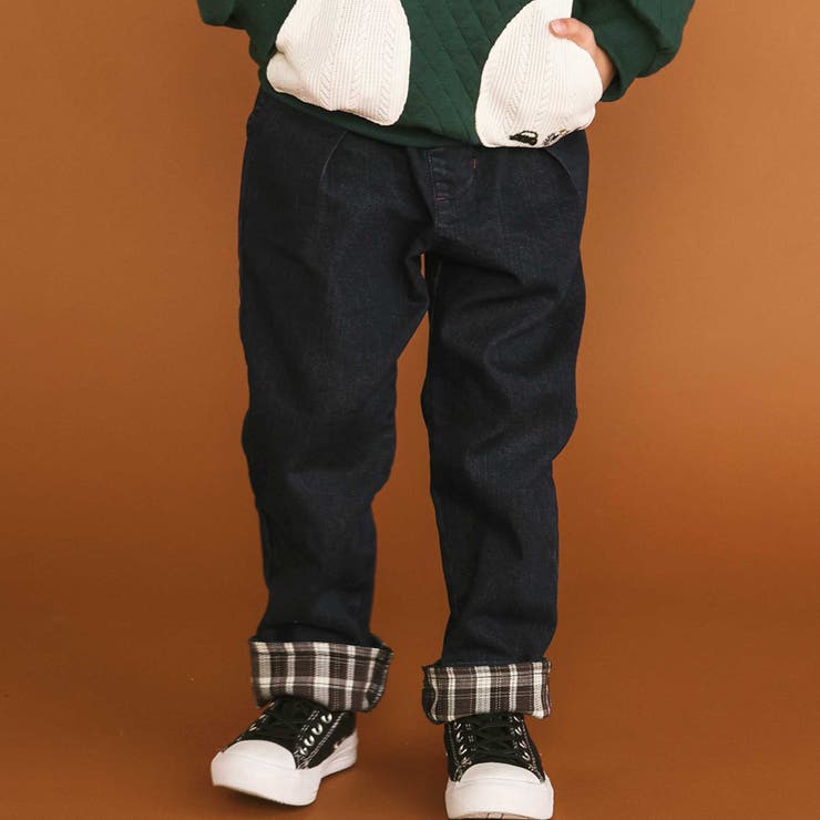 ネイビー | 【裏微起毛】折り返し裾チェックロングパンツ(80~130cm) | SLAP SLIP