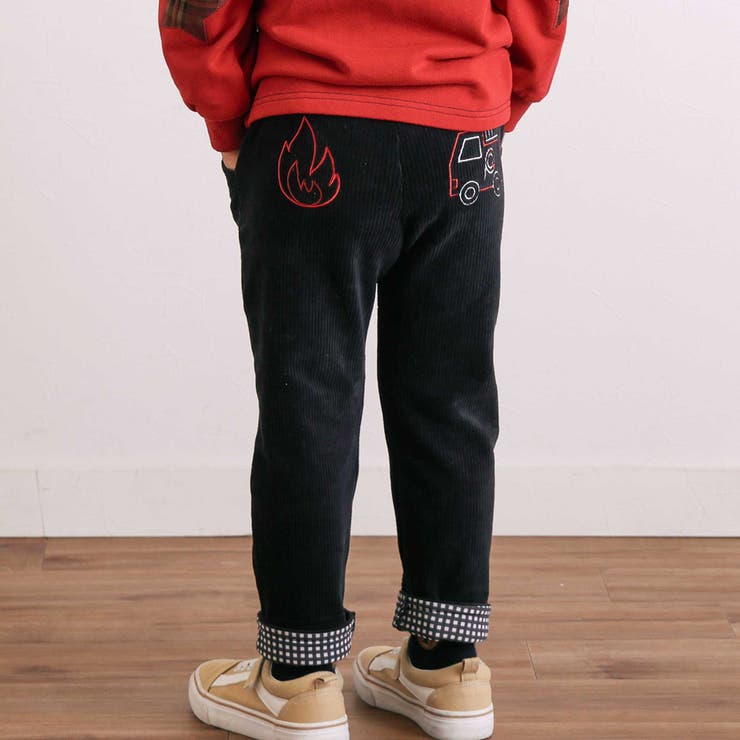 消防車恐竜おしりパッチ折り返し裾チェックロングパンツ(80~130cm) | SLAP SLIP | 詳細画像1 