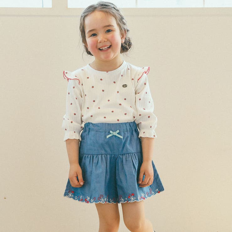 スカラップ裾チェリー刺繍デニムショートパンツ(90~130cm)[品番