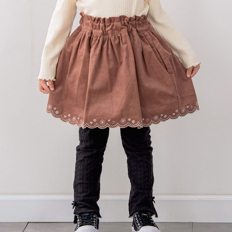 ブラウン | コーデュロイチェック柄裾スカラップ刺しゅうスカパン | SLAP SLIP