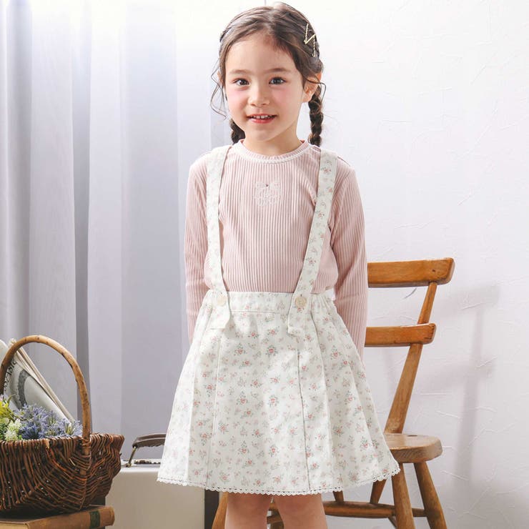 花柄ツイルデニムサスペンダー付き裾レーススカパン(90~130cm) | SLAP SLIP | 詳細画像1 