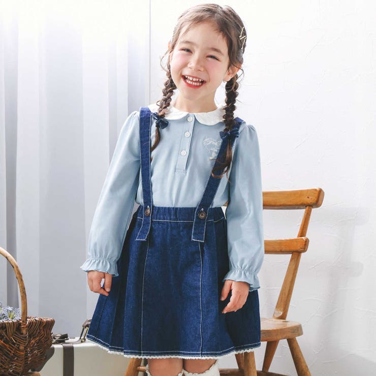 ネイビー | 花柄ツイルデニムサスペンダー付き裾レーススカパン(90~130cm) | SLAP SLIP