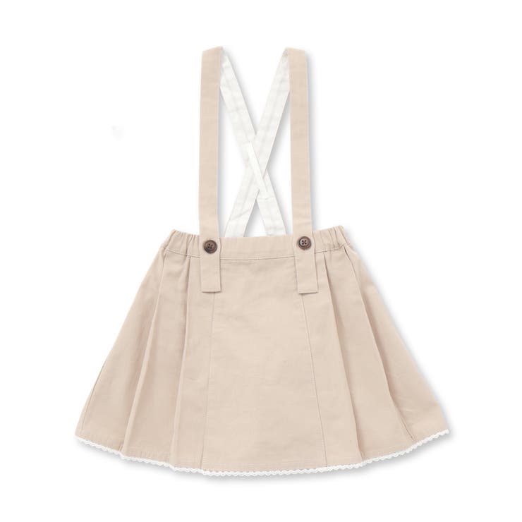 ベージュ | 花柄ツイルデニムサスペンダー付き裾レーススカパン(90~130cm) | SLAP SLIP