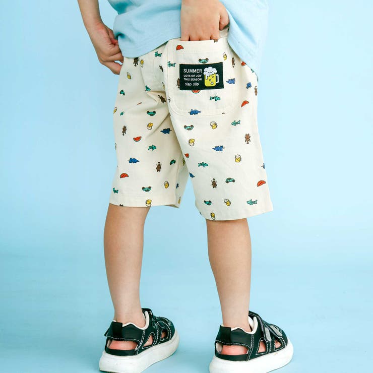 ベージュ系 | ツイルデニム総柄プリントハーフパンツ(80~130cm) | SLAP SLIP