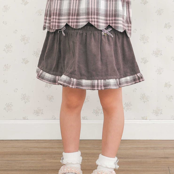 グレー | コーデュロイ×チェックレイヤードスカパン(90~130cm) | SLAP SLIP