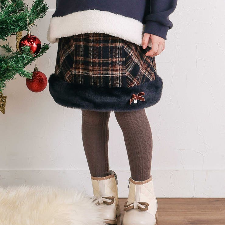 ネイビー系 | 【お揃い】ファー切替チェック台形スカート(90~130cm) | SLAP SLIP