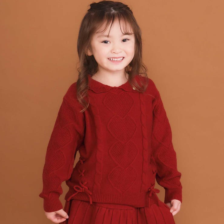 レッド | 編み込みリボンハート柄 襟付きニットトップス | SLAP SLIP