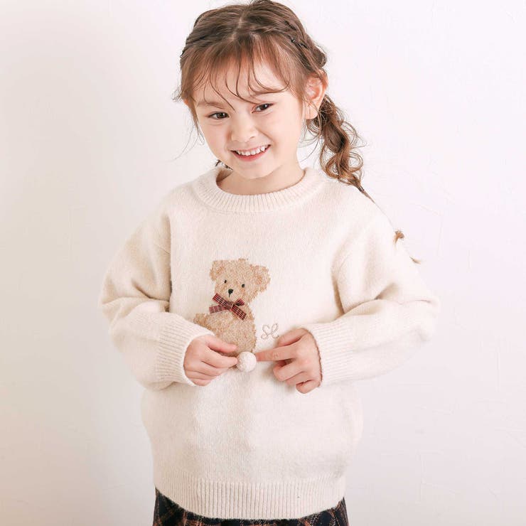 オフホワイト(クマ) | ウマクマネコアニマルモチーフニットトップス(80~130cm) | SLAP SLIP