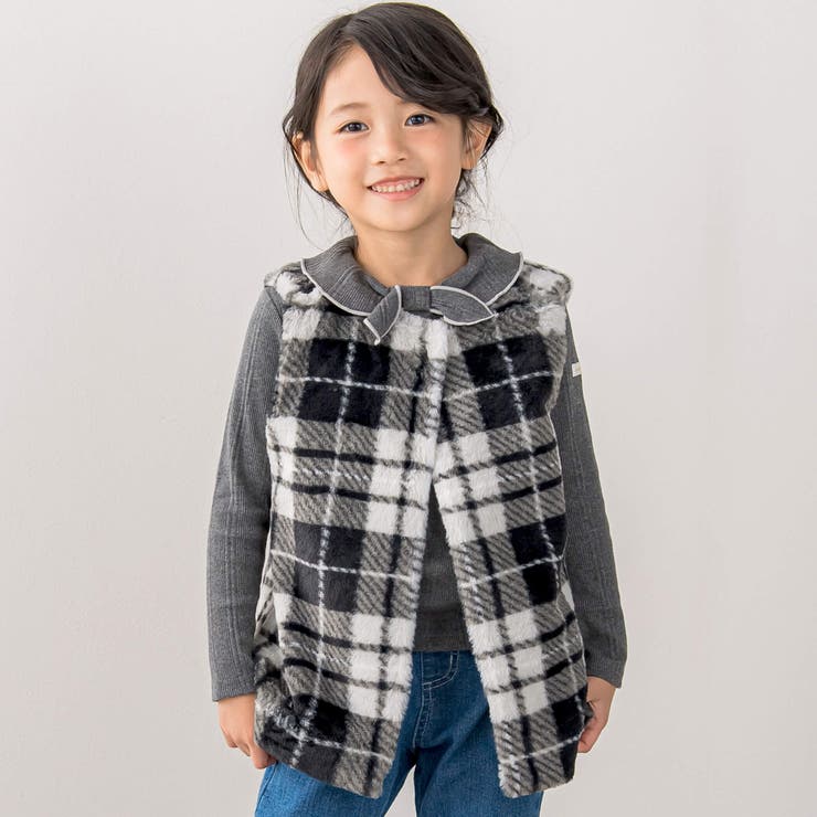 ブラック系 | 肩リボンチェック柄ファーボアベスト(80~130cm) | SLAP SLIP