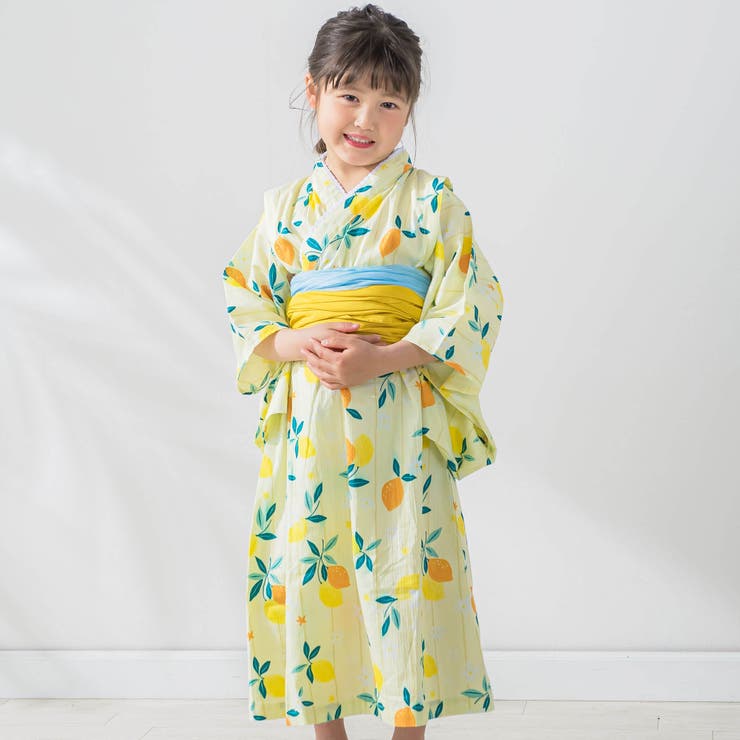お揃い】花火レモン花柄襟レースプルオーバー浴衣+帯セット(90
