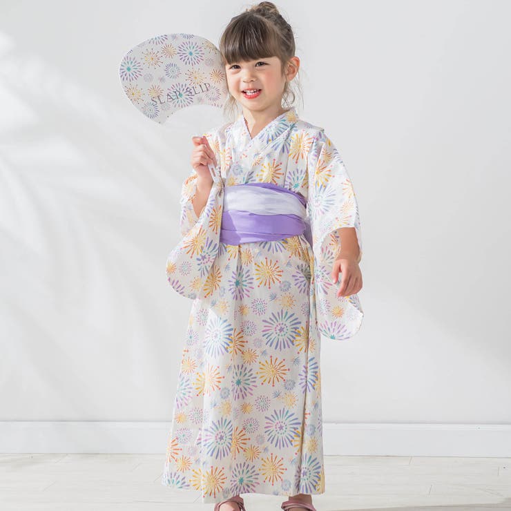 浴衣(花柄)・帯・半衿(レース) セット スラップ スリップ SLAP SLIP 【お揃い】花火レモン花柄襟レース