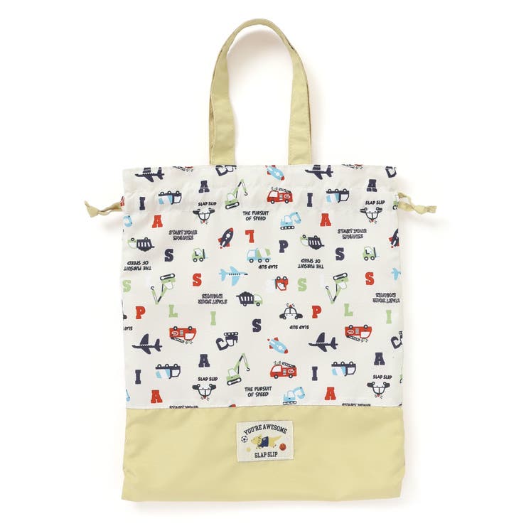 ベージュ系(のりもの) | 【お揃い】チェック切り替えプリント総柄お着替えバッグ | SLAP SLIP