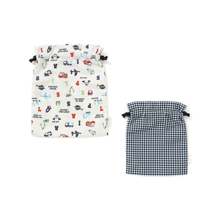 ホワイト系(のりもの) | 【お揃い】プリント総柄+チェック巾着2点セット | SLAP SLIP