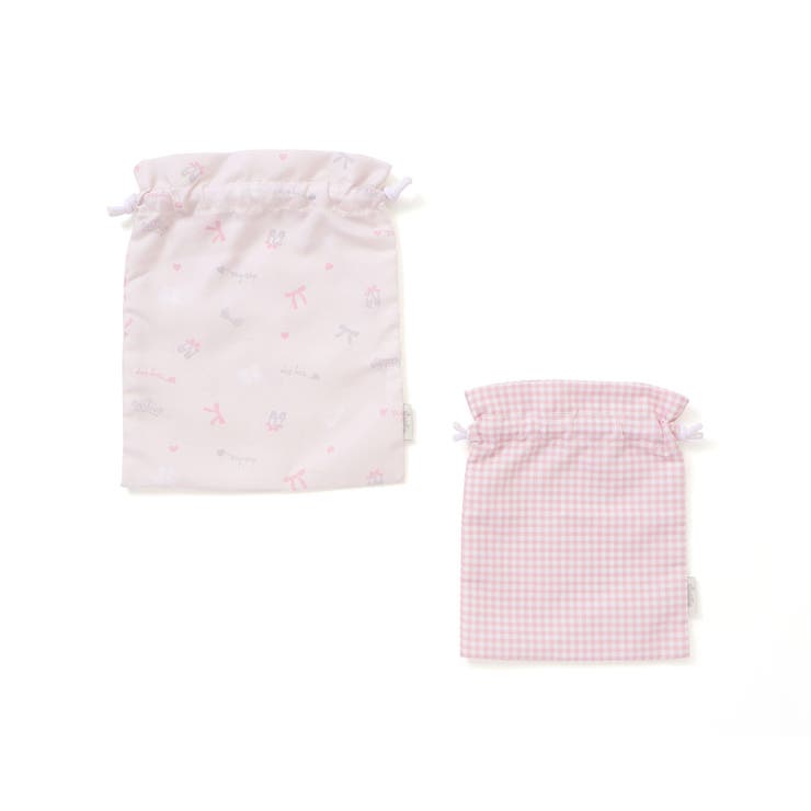 ピンク系(リボン) | 【お揃い】プリント総柄+チェック巾着2点セット | SLAP SLIP